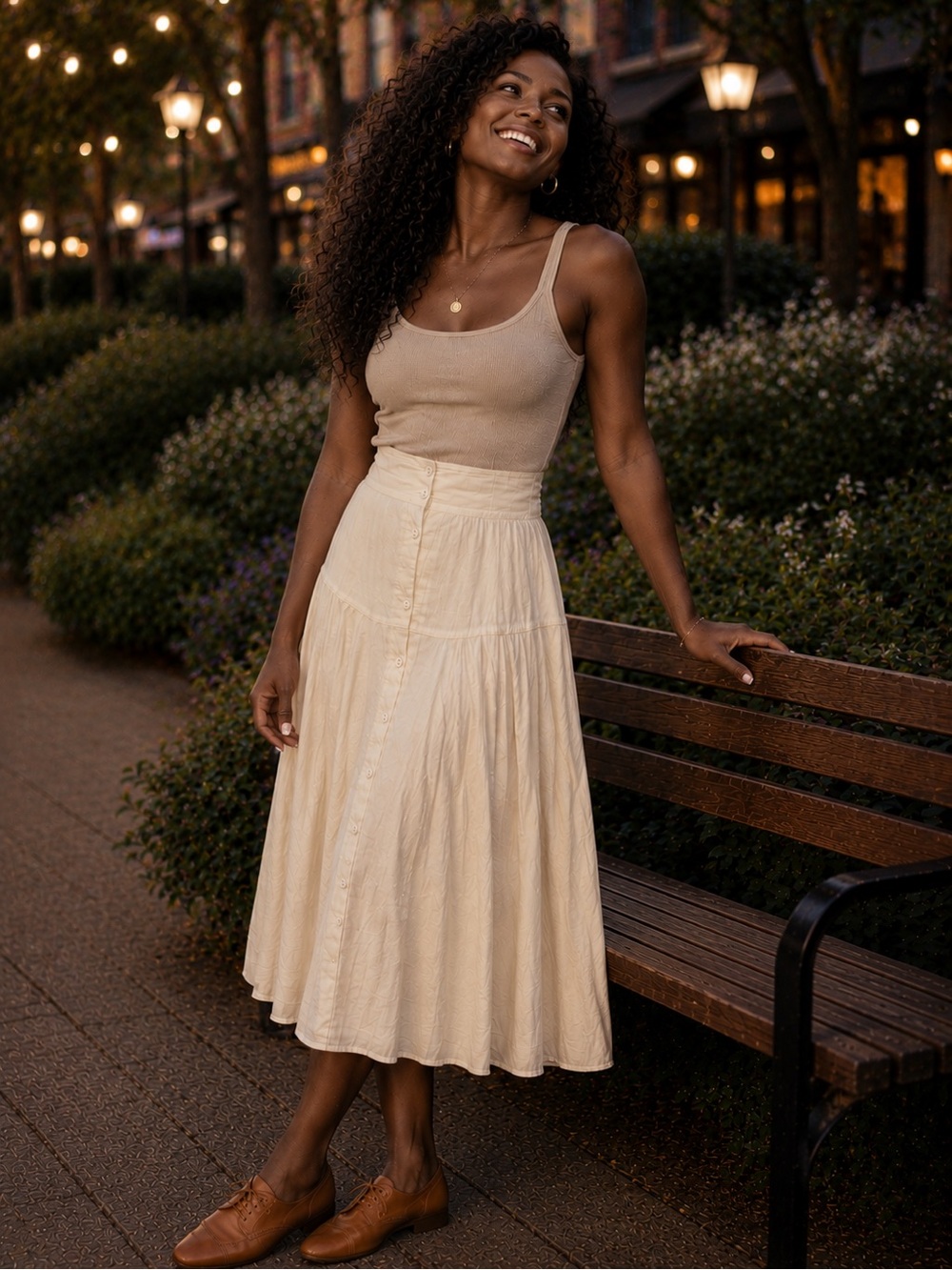 Vintage Silk Blend Cream Button-Front A Line Midi Women's Skirt Size M